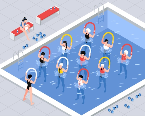 Water aerobics class women group during exercises with equipment in pool isometric vector illustration