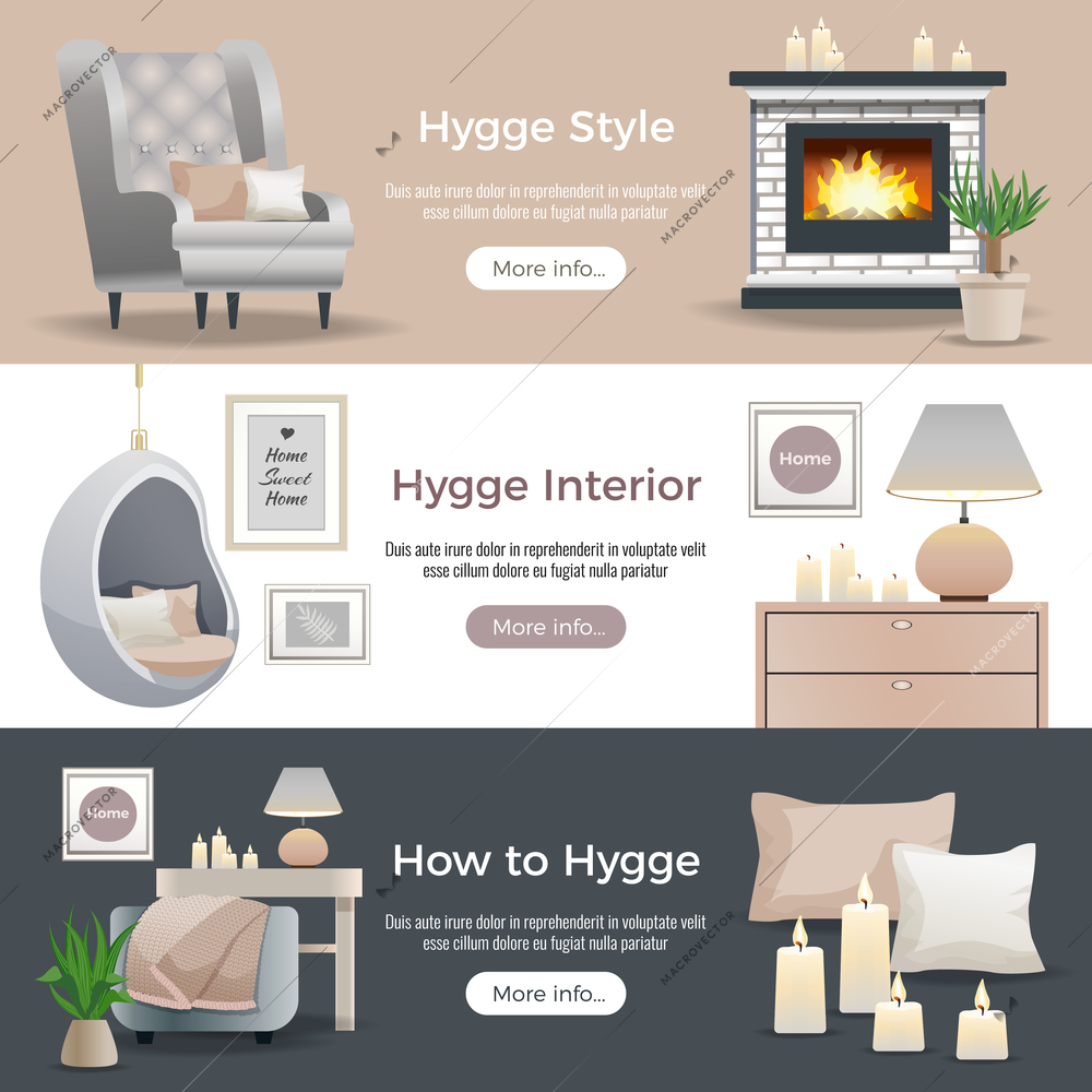 Scandinavian hygge style interior design 3 horizontal website banners with fireplace reading nooks candles pillows vector illustration