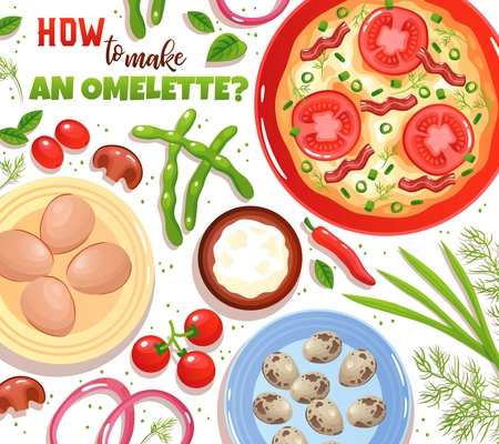 Baking of omelette with ingredients eggs vegetables mushrooms and greenery on white background flat vector illustration