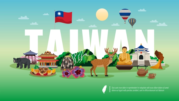 Taiwan travel flat horizontal composition   with national food animals nature temple sightseeing landmarks attractions vector illustration