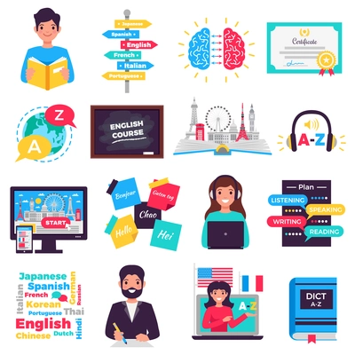 Foreign language learning programs tutors online courses training centers smartphone apps flat icons set isolated vector illustration
