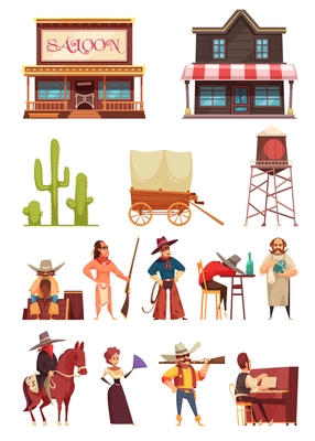 Cowboy wild west set with isolated icons of historic buildings and human characters in various situations vector illustration