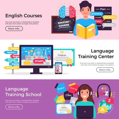 Online language school 3 horizontal flat advertising banners with english courses training center info isolated vector illustration