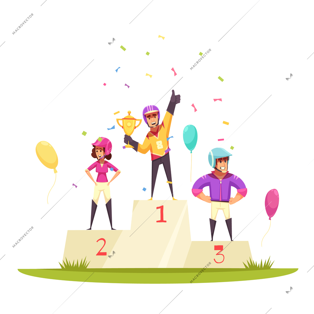 Equestrian sport composition with view of outdoor winners rostrum podium with athletes colourful balloons and confetti vector illustration