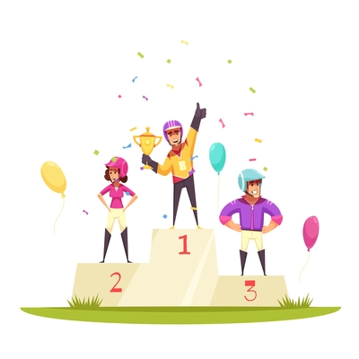Equestrian sport composition with view of outdoor winners rostrum podium with athletes colourful balloons and confetti vector illustration