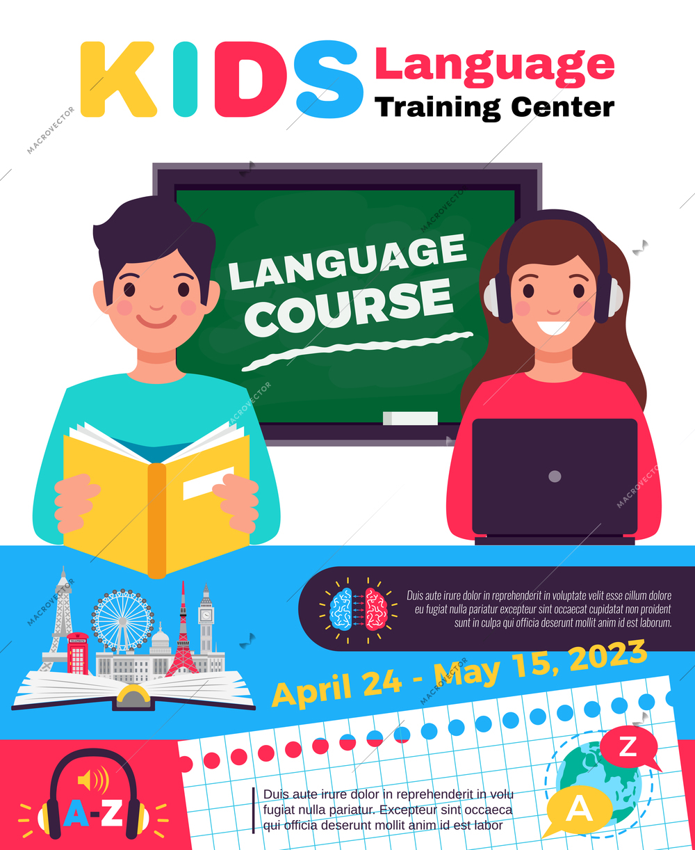 Language center special training course for kids colorful advertisement poster with tutors and data flat vector illustration