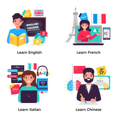 Learning english french italian chinese with language center advanced training 4 flat advertisement compositions isolated vector illustration