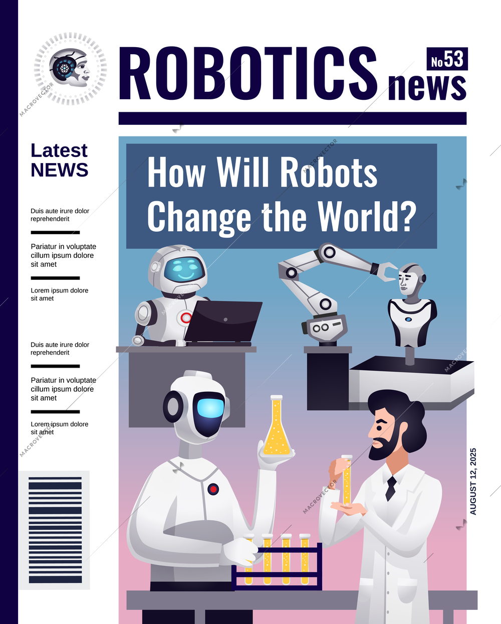Robotics news magazine cover flat design with controlled automation and artificial intelligence technology changing world vector illustration
