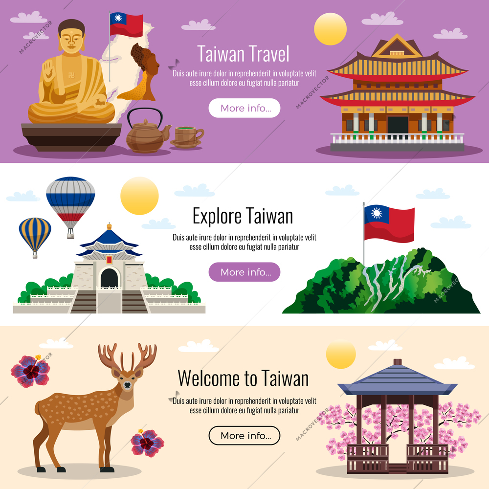 Taiwan travel 3 flat horizontal website banners with buttons for culture nature traditions attractions info vector illustration