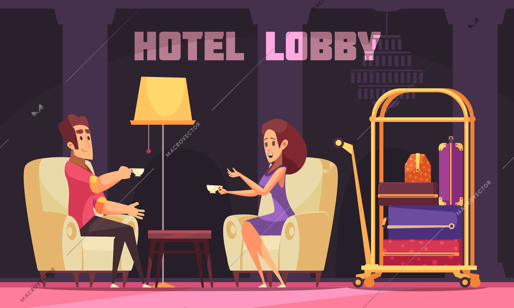 Hotel background composition of two human characters having a meeting in lobby interior with editable text vector illustration