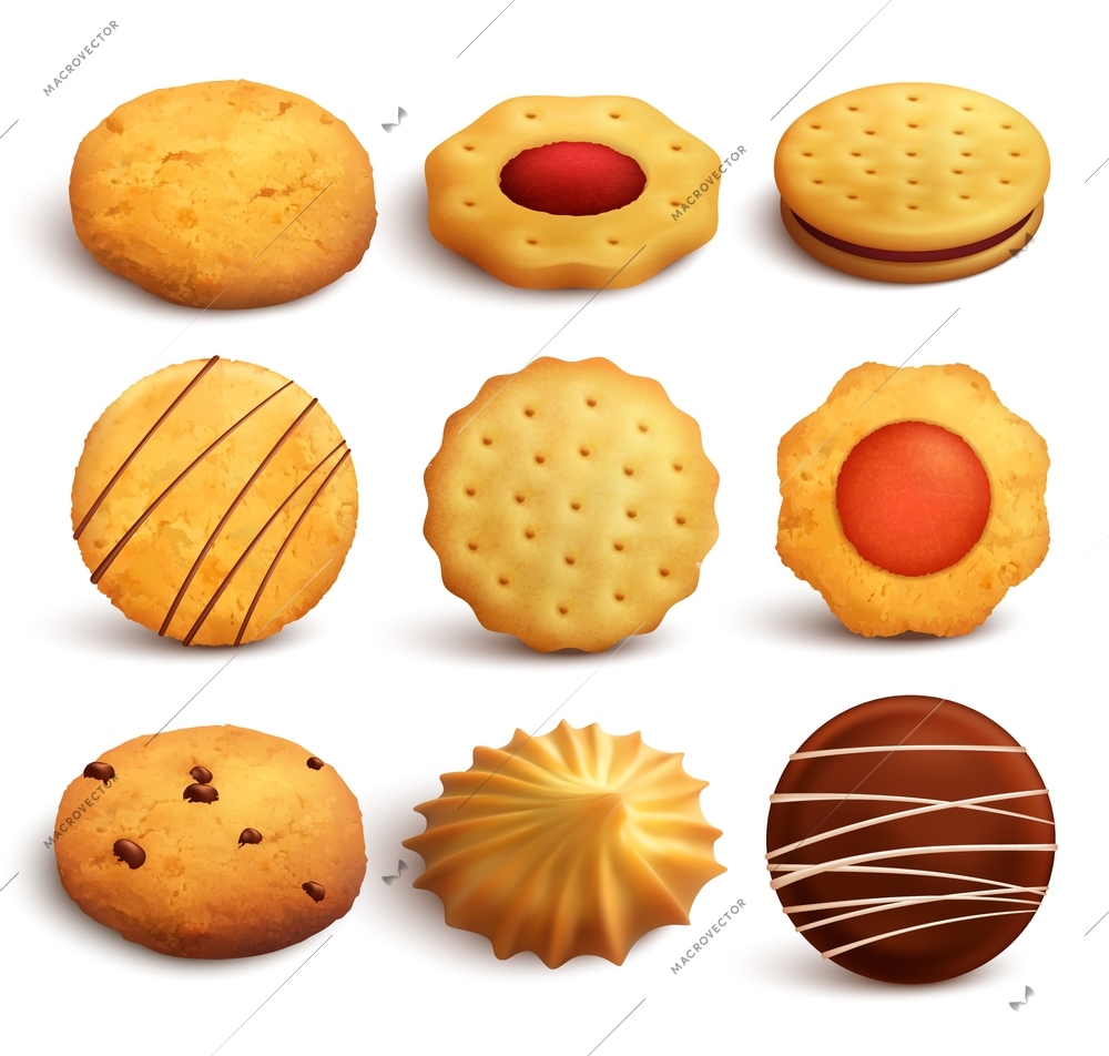 Set of variety cookies baked from wheat flour isolated on white background in realistic style  vector illustration