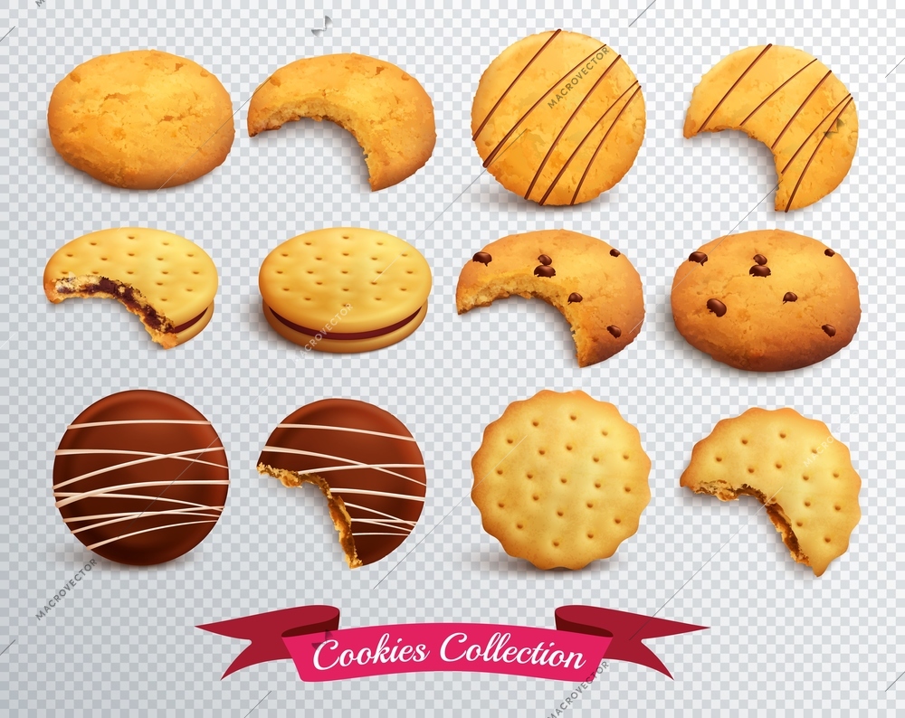 Realistic set of different form cookies whole and bitten isolated on transparent background vector illustration