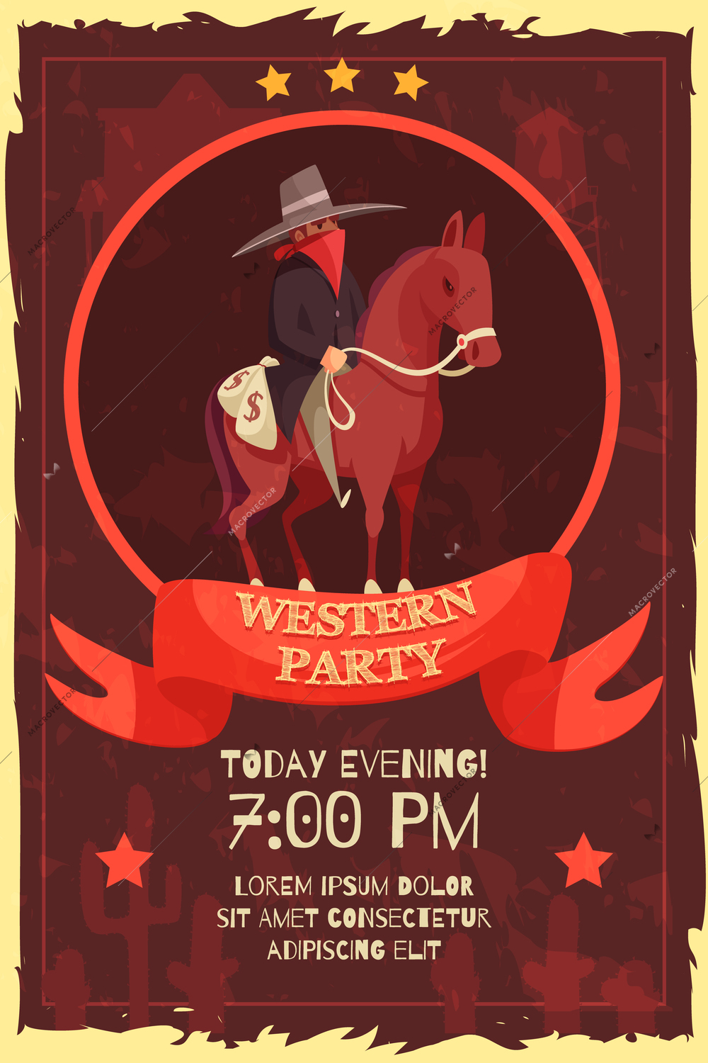 Cowboy poster with flat archetypic human character of wild west horseman with editable announcement text description vector illustration