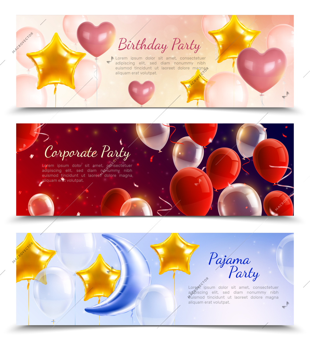 birthday corporate and pajama party three horizontal banners decorated by hot air balloons in shape of balls hearts and stars realistic vector illustration