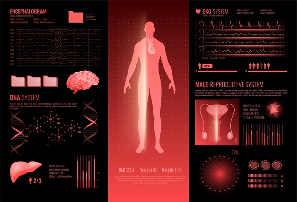 Medical hud interface infographics layout with ekg dna encephalography male reproductive information sections vector illustration