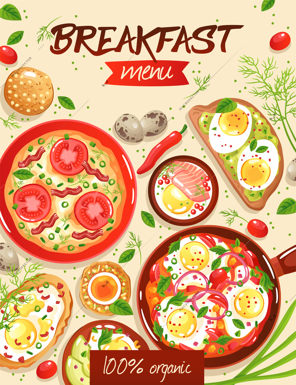 Breakfast menu template with various egg dishes on beige background flat vector illustration