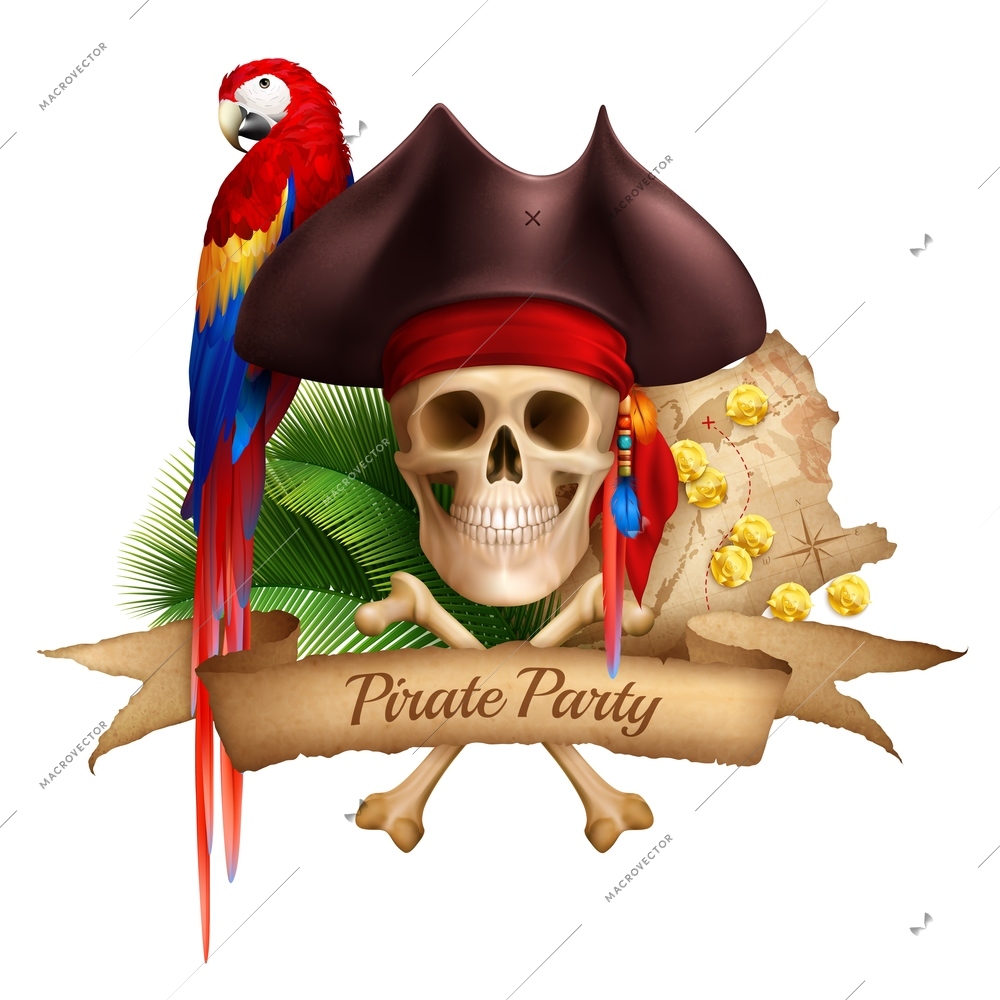 Pirate party realistic composition with old map colorful parrot and hat worn on skull realistic vector illustration