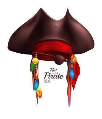 Realistic pirate hat decorated by red bandanna and indian accessories in realistic style isolated vector illustration