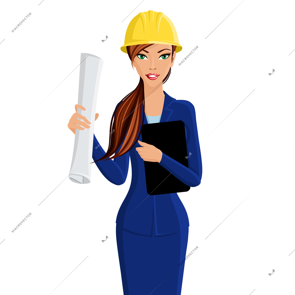 Beautiful woman business lady engineer in helmet isolated on white background vector illustration