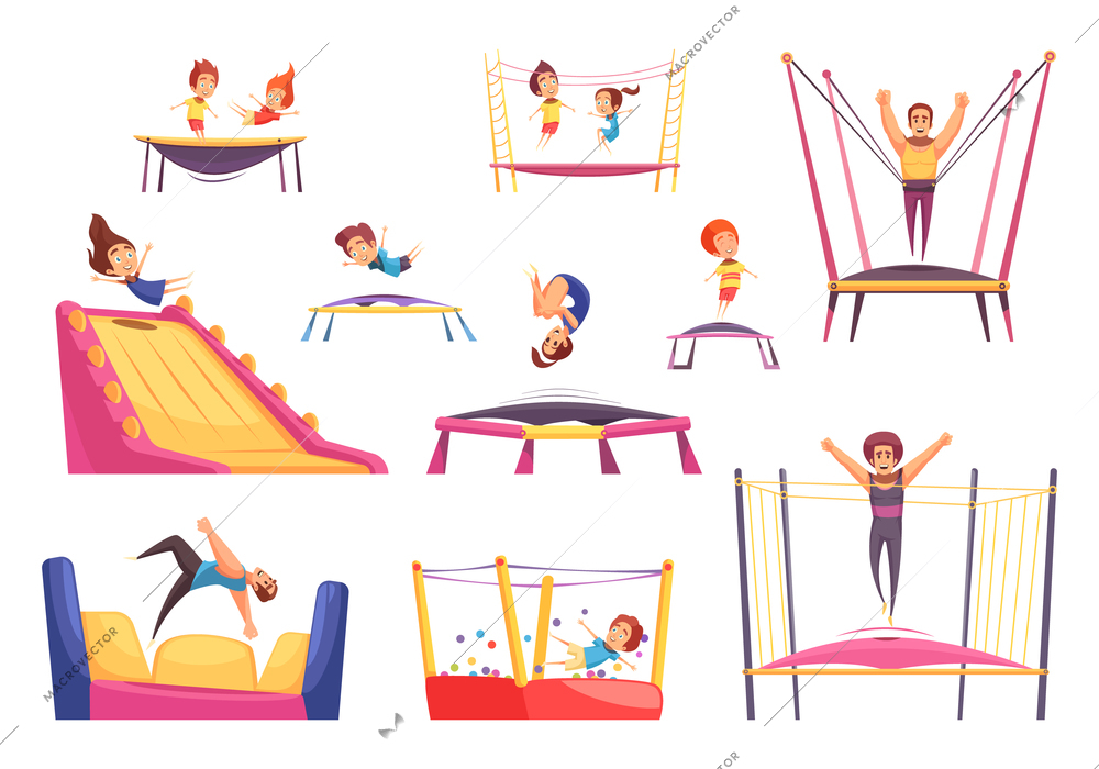 Jumping trampolines set of isolated images with trampolining people of different age and rebounders of different shape vector illustration