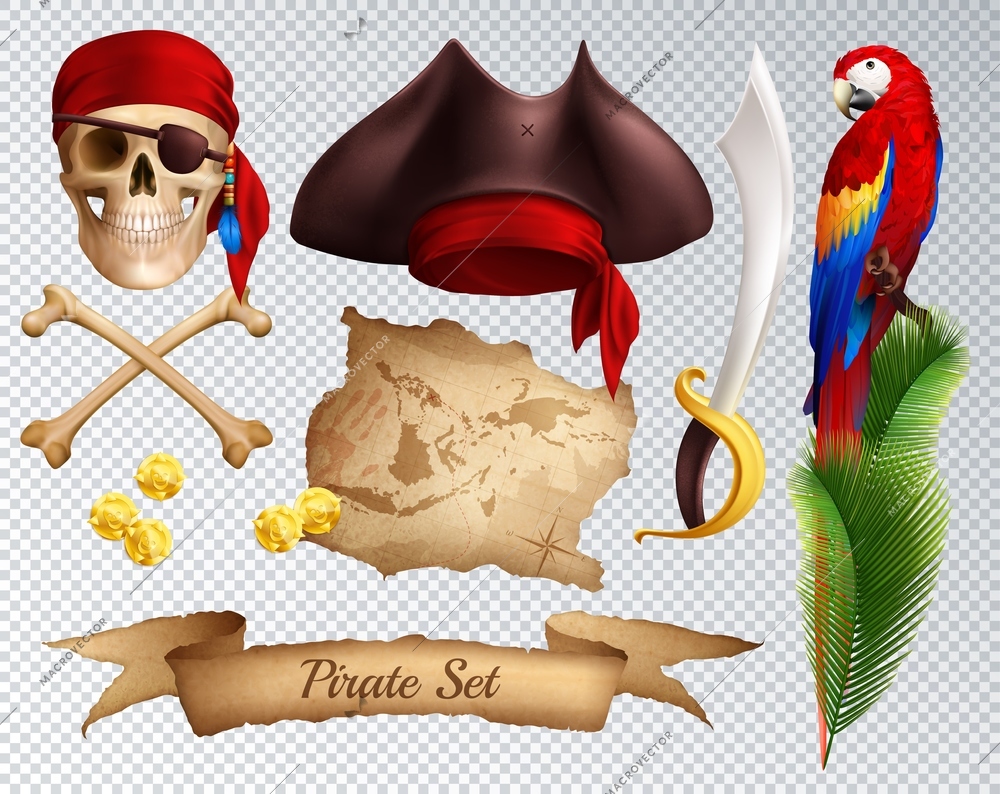 Pirate realistic icons set of saber pirate hat red bandanna tied to skull parrot on palm branch isolated on transparent background vector illustration