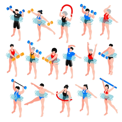 Human characters with sport equipment during aqua aerobics class set of isometric icons isolated vector illustration