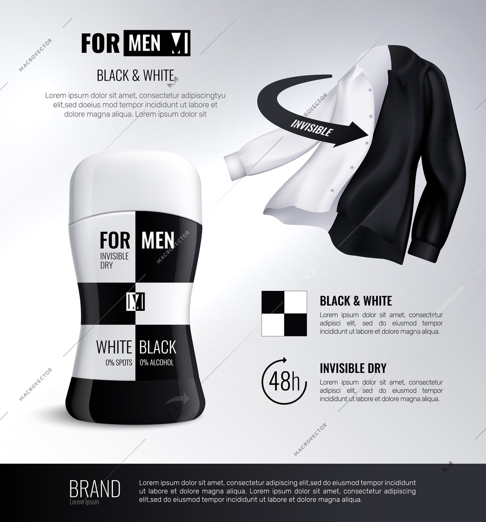 Deodorant bottle black and white composition with 48 hour invisible dry advertising text realistic vector illustration