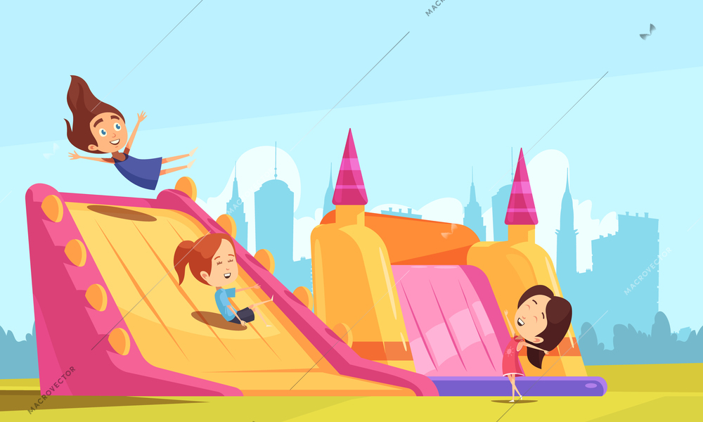 Jumping trampolines composition of teenage girls on trampoline bouncy castles with flat cityscape background and sky vector illustration