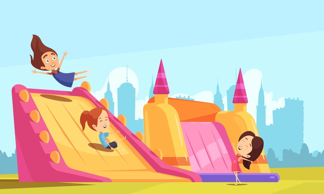 Jumping trampolines composition of teenage girls on trampoline bouncy castles with flat cityscape background and sky vector illustration