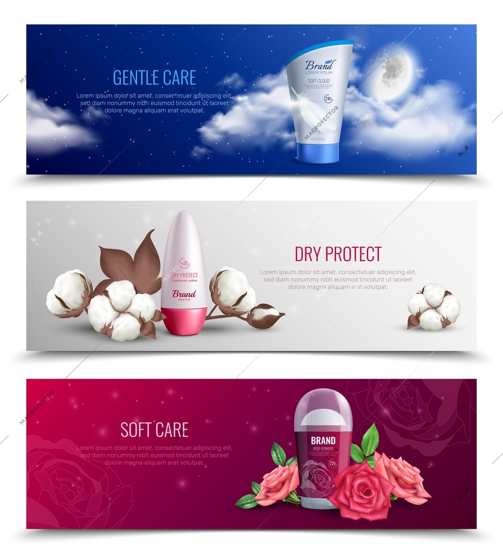 Colored horizontal banners presenting deodorant providing gentle and soft care and dry protect realistic vector illustration