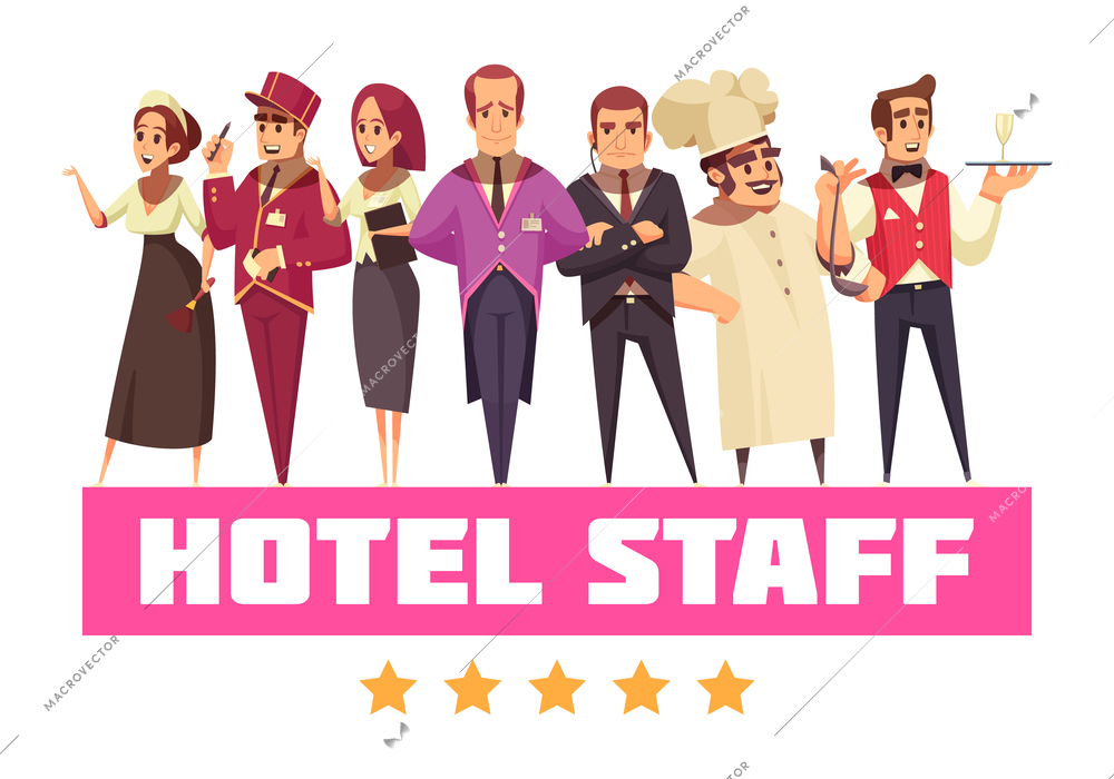 Hotel background composition with set of cartoon style flat human characters with hotel workers and text vector illustration