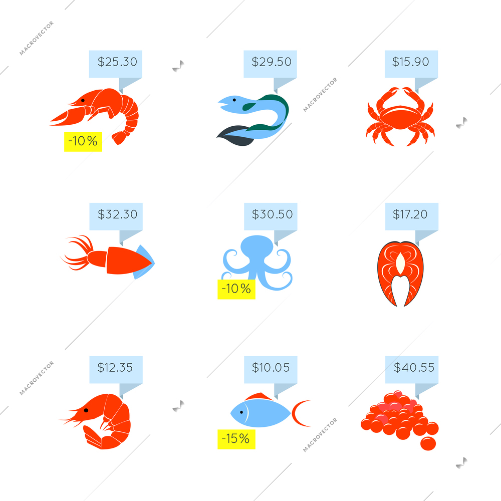 Seafood market online store discount fish lobster caviar price tags icons set flat abstract isolated vector illustration