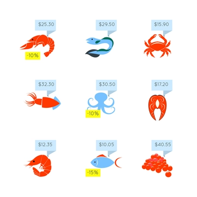 Seafood market online store discount fish lobster caviar price tags icons set flat abstract isolated vector illustration