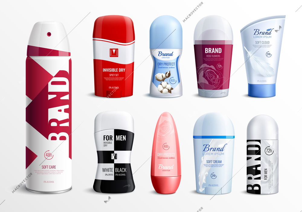 Deodorant bottles advertising set of different shapes and brand in realistic design isolated vector illustration