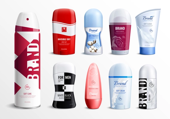 Deodorant bottles advertising set of different shapes and brand in realistic design isolated vector illustration