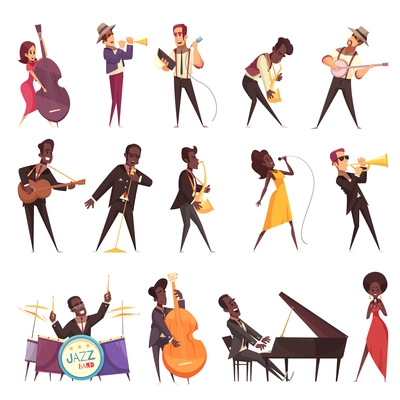 Jazz music set of isolated icons with cartoon style human characters of musicians playing different instruments vector illustration