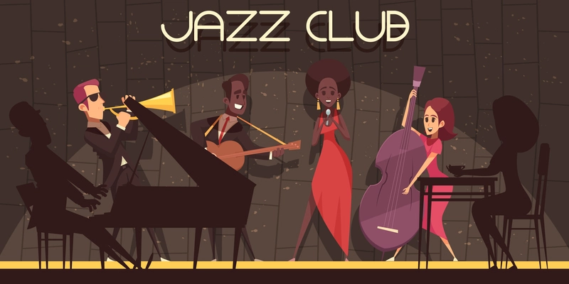 Jazz horizontal background composition with flat cartoon style characters of musicians with shadows silhouettes on stage vector illustration