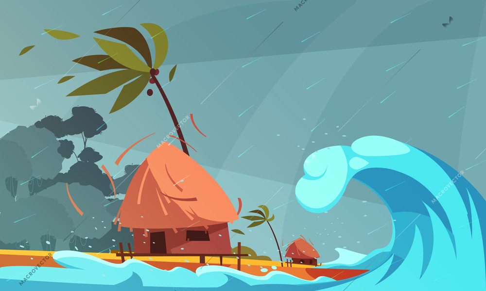 Natural disasters composition with rain and tsunami on ocean front with bungalow and tropical coast background vector illustration