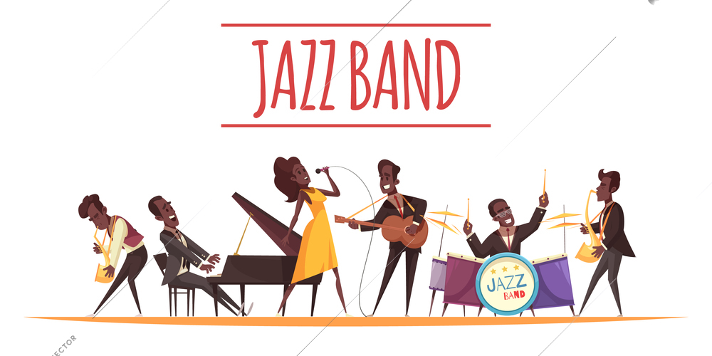 Jazz background composition with cartoon style flat characters of african american musicians with instruments and text vector illustration