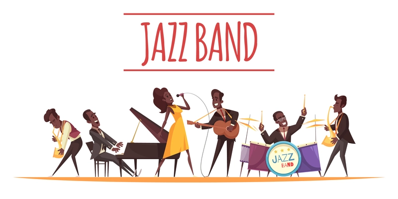 Jazz background composition with cartoon style flat characters of african american musicians with instruments and text vector illustration
