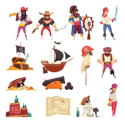 Pirate set of isolated icons with cartoon images of ships maps and skeleton symbols with people vector illustration