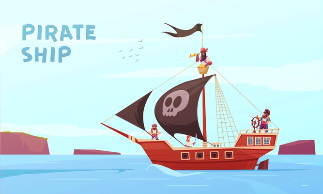 Pirate outdoor composition with cartoon style images of picaroon sea rover at sea with editable text vector illustration