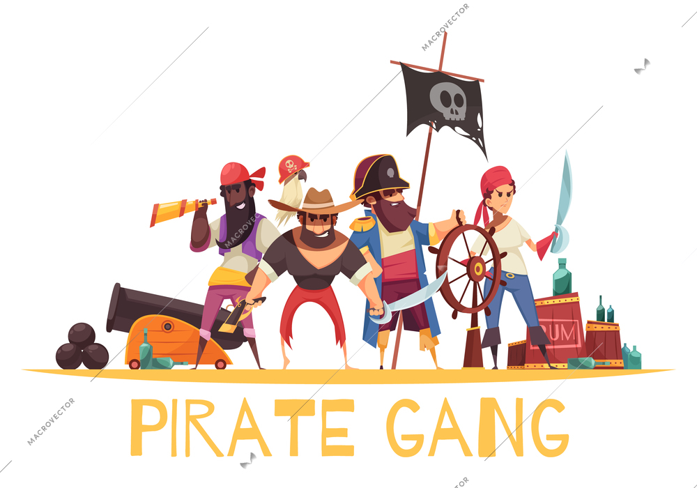 Pirate background composition with cartoon style human characters of pirates with munitions and weapons with text vector illustration