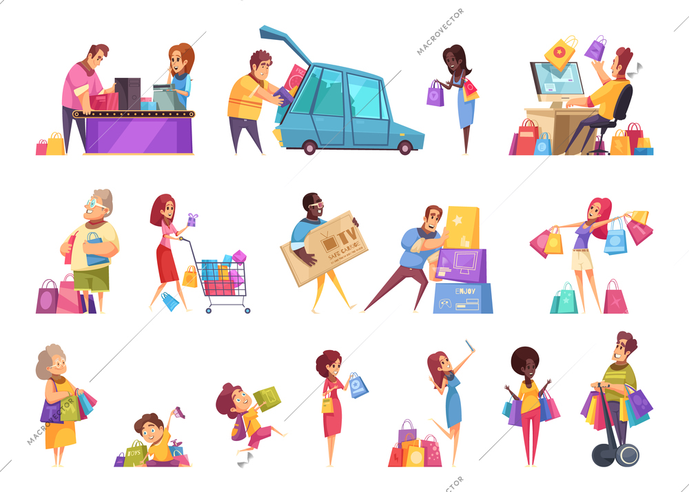 Shopping shopaholic icons collection of isolated cartoon style images and human characters of people with goods vector illustration