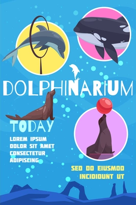 Dolphinarium poster with flat images of cetacean fishes with editable text captions and underwater background vector illustration