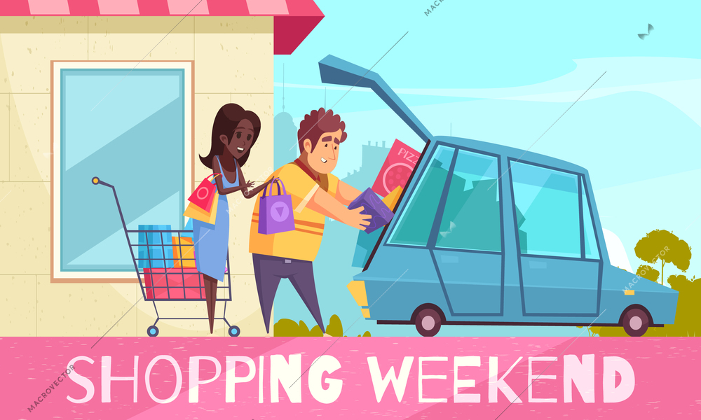 Shopaholic composition with text and cartoon style images of couple putting colourful goods boxes into car vector illustration