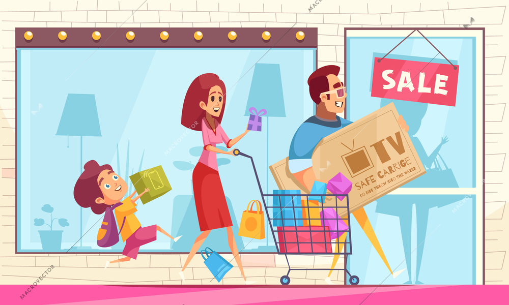 Shopaholic horizontal composition with storefront with sale sign and cartoon characters of family members with goods vector illustration