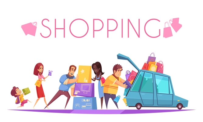 Shopaholic background with text and view of cartoon people characters putting colourful boxes into the car vector illustration