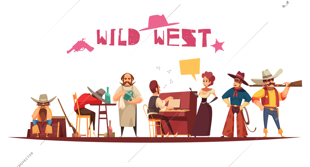 Wild west saloon background composition with cartoon style human characters thought bubbles and decorative text vector illustration