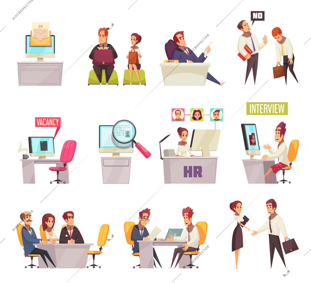 Resume recruiting set of icons and compositions of images with cartoon office workers and working places vector illustration